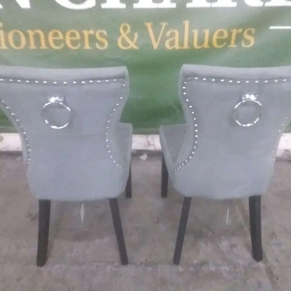 SET OF 2 NEW GREY VELVET BACK BUTTON DINING CHAIRS (DARK LEG)