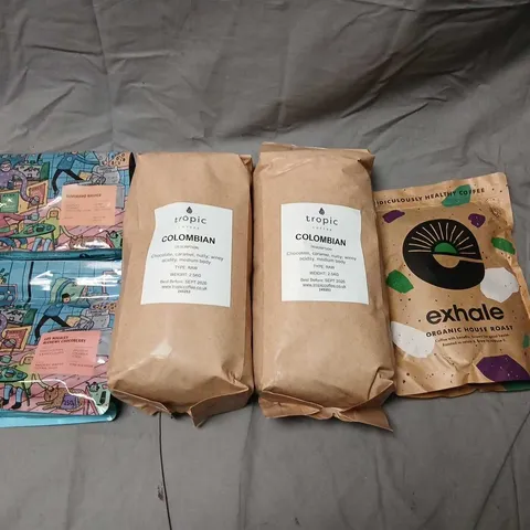 FIVE BAGS OF ASSORTED COFFEE BEANS TO INCLUDE; TROPIC COLOMBIAN, EXHALE ORGANIC HOUSE ROAST AND CRANKHOUSE COFFEE