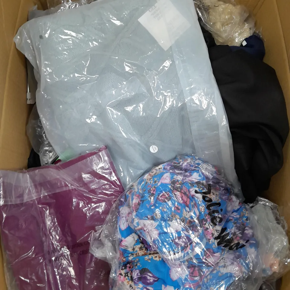 BOX OF APPROXIMATELY 10 CLOTHING ITEMS TO INCLUDE WALLET, BELT, TOP ETC