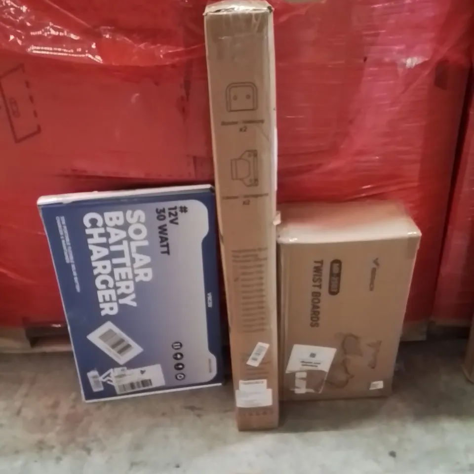 PALLET OF ASSORTED HOUSEHOLD GOODS AND PRODUCTS TO INCLUDE;SOLAR PANEL CHARGER,RETRACTABLE SAFETY GATE,TWIST BOARDS
