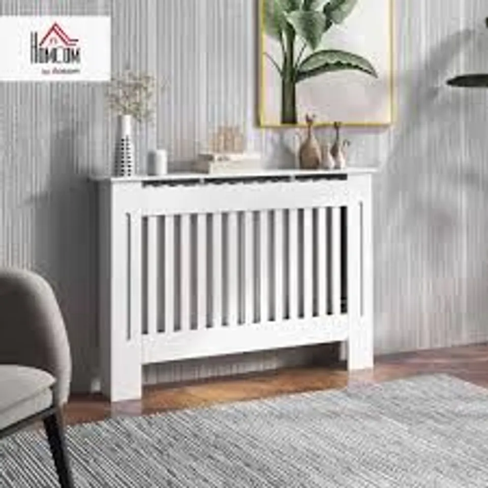 BOXED HOMCOM SLATTED RADIATOR COVER PAINTED CABINET MDF LINED GRILL IN WHITE (78L X 19W X 81H cm)