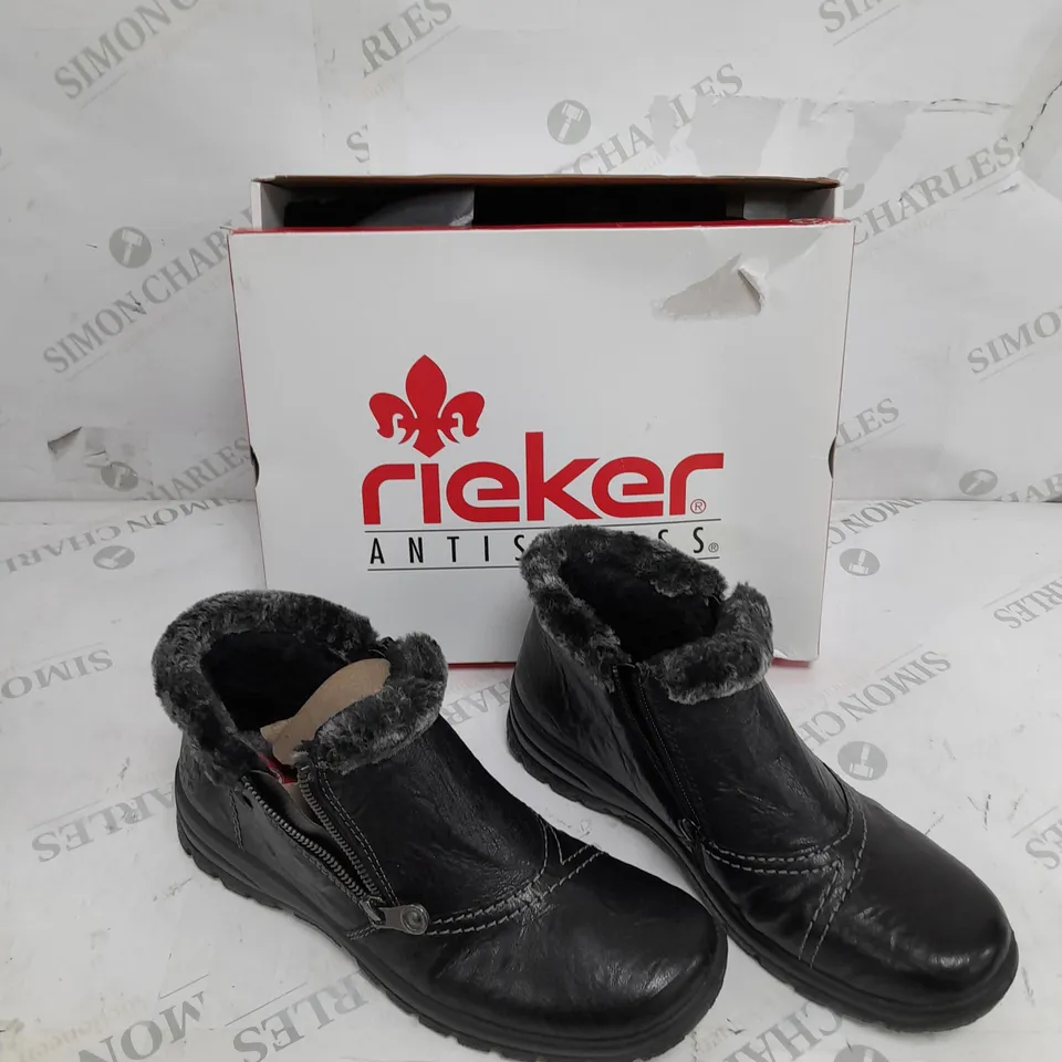 BOXED RIEKER ANKLE BOOTS WITH FUR CUFF, BLACK - SIZE 6