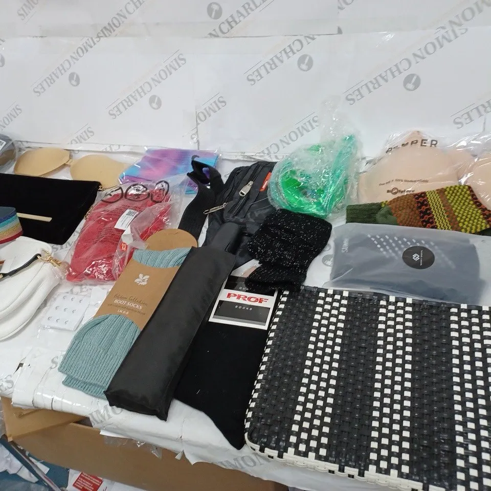 BOX OF APPROXIMATELY 25 ASSORTED CLOTHING ITEMS TO INCLUDE: SOCKS, UNDERWEAR & PURSES