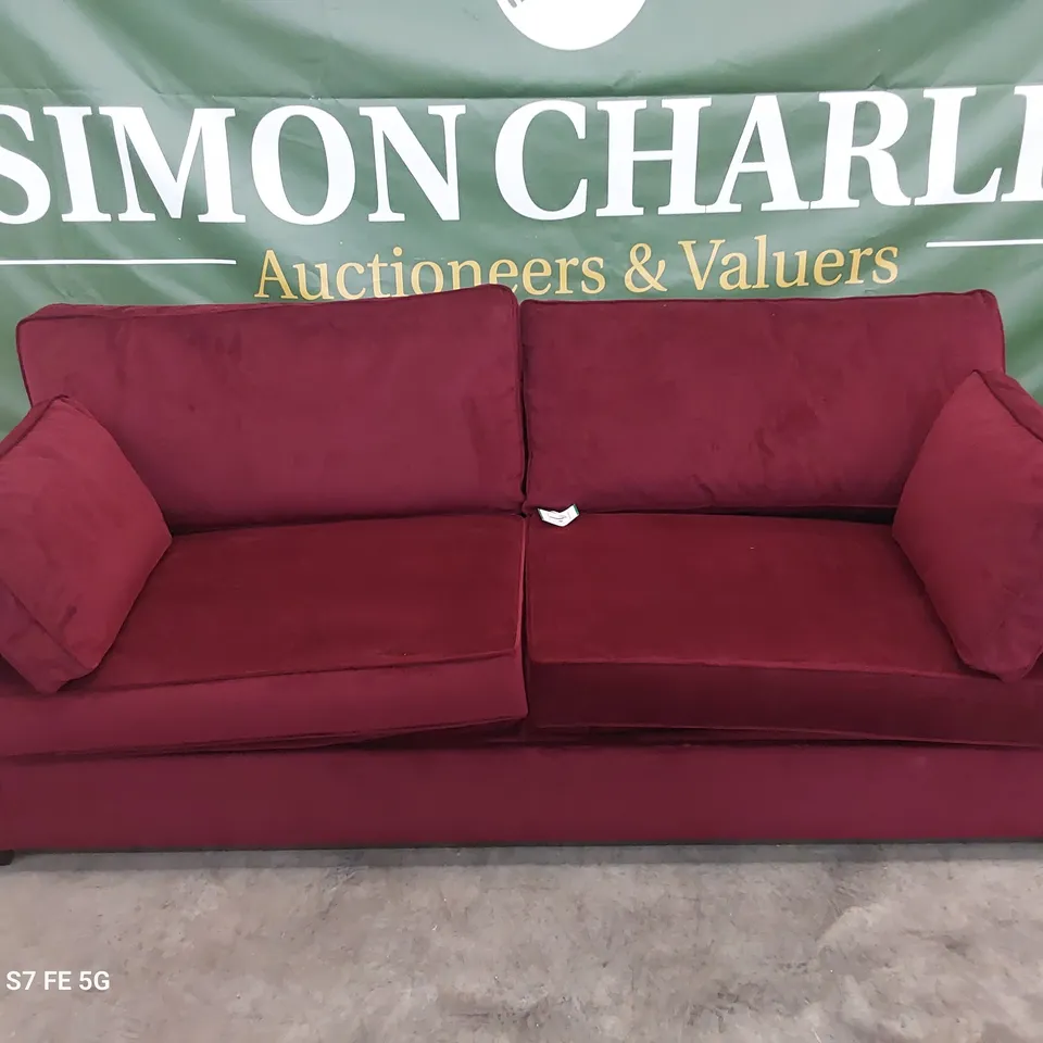DESIGNER METAL ACTION SOFABED WITH BOLSTER CUSHIONS CLARET PLUSH FABRIC 