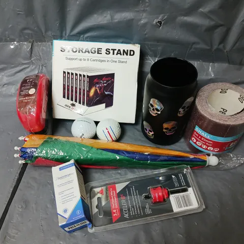 APPROXIMATELY 15 ASSORTED HOUSEHOLD ITEMS TO INCLUDE SANDPAPER ROLL, CARTRIDGE STORAGE STAND, GOLFBALLS, ETC