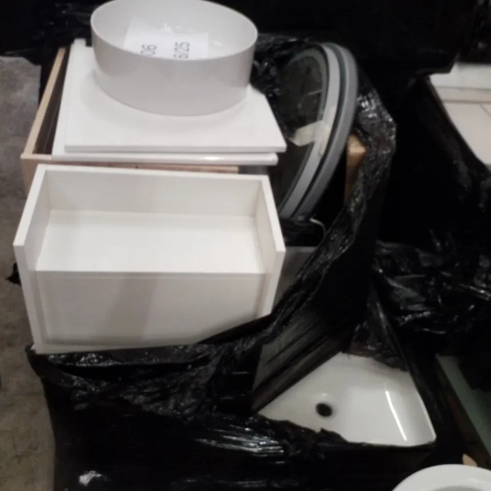 PALLET CONTAINING ASSORTED BATHROOM FURNITURE INCLUDING LED MIRRORS, BASE UNITS & SINK BASINS