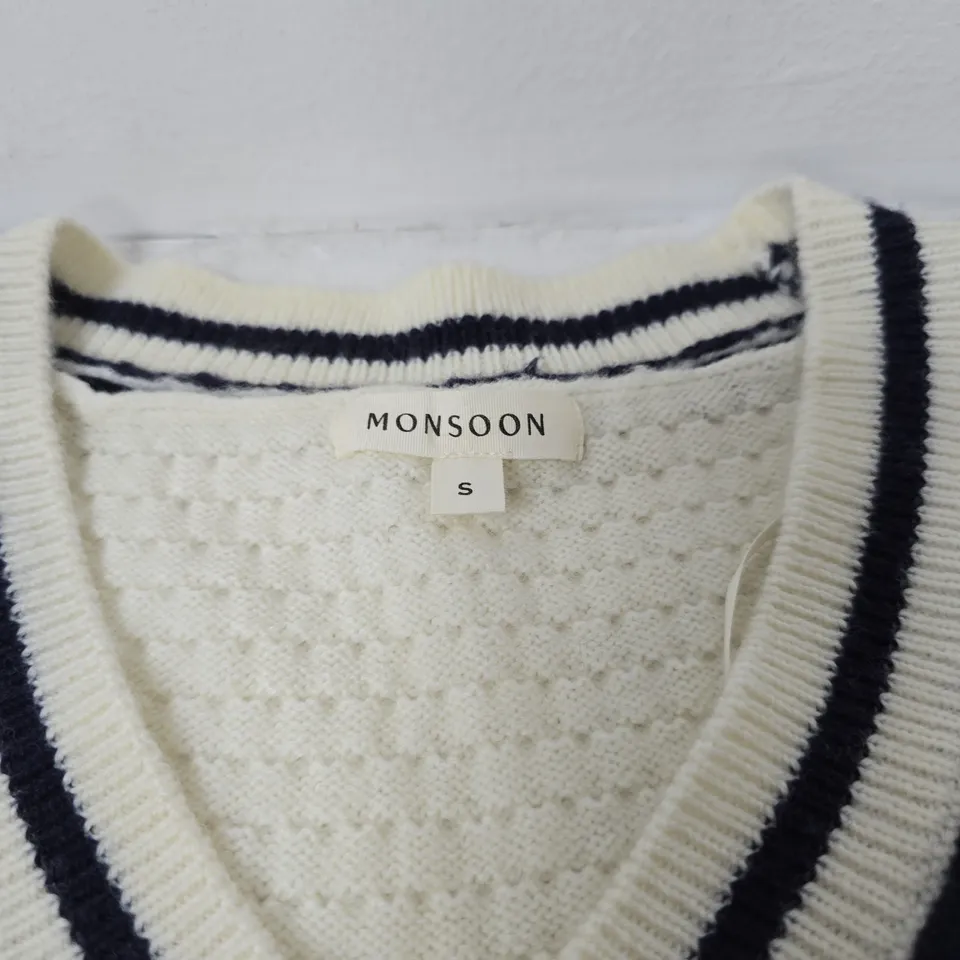 MONSOON KNIT V-NECK SWEATER – WHITE WITH NAVY TRIM, UK SIZE S