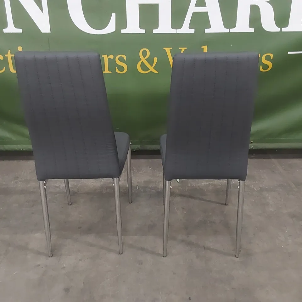 SET OF 2 LEON GREY LEATHER DINING CHAIRS WITH CHROME LEGS 