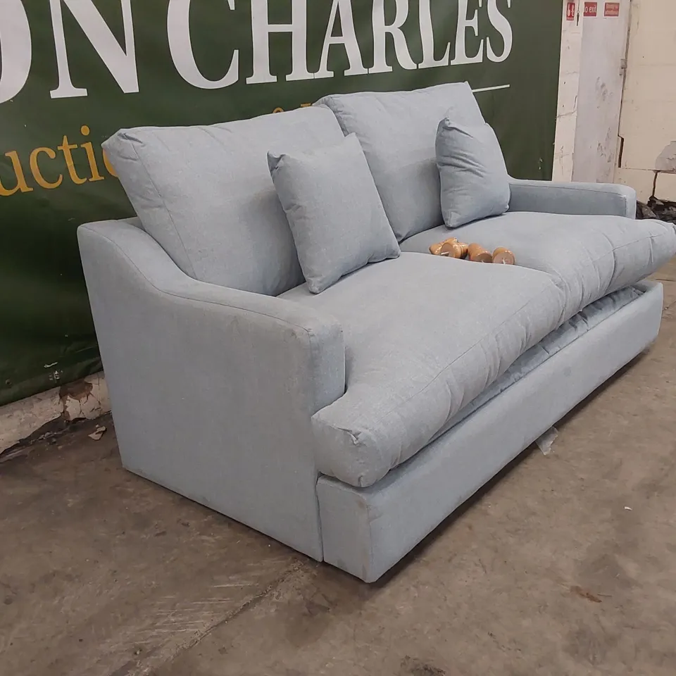 QUALITY DESIGNER 3 SEATER FABRIC UPHOLSTERED SOFA BED - SKY BLUE 