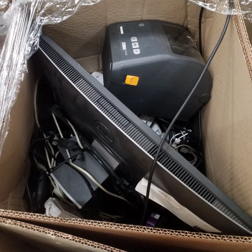 PALLET CONTAINING ASSORTED TECH INCLUDING COMPUTER MONITORS, LABEL PRINTERS, SCANNERS & WALKIE TALKIES