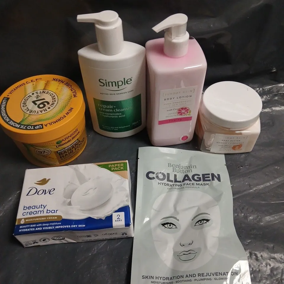 APPROXIMATELY 15 ASSORTED HEALTH & BEAUTY PRODUCTS TO INCLUDE COLLAGEN MASK, GARNIER HAIR FOOD, SIMPLE CREAM CLEANSER ETC 