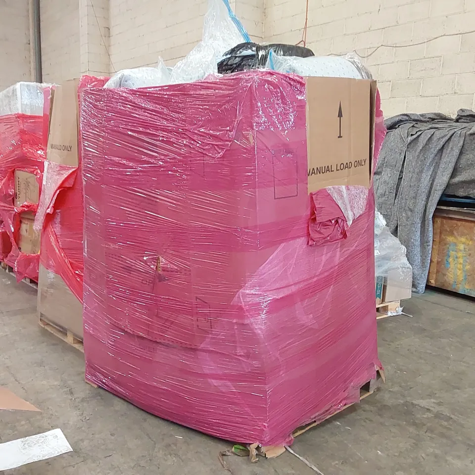 PALLET OF ASSORTED ITEMS INCLUDING: LARGE RUGS, SPLIT TYPE MULTI-PURPOSE POT, COFFEE MACHINE, BED RAIL, COLLAPSIBLE PET CRATE ECT