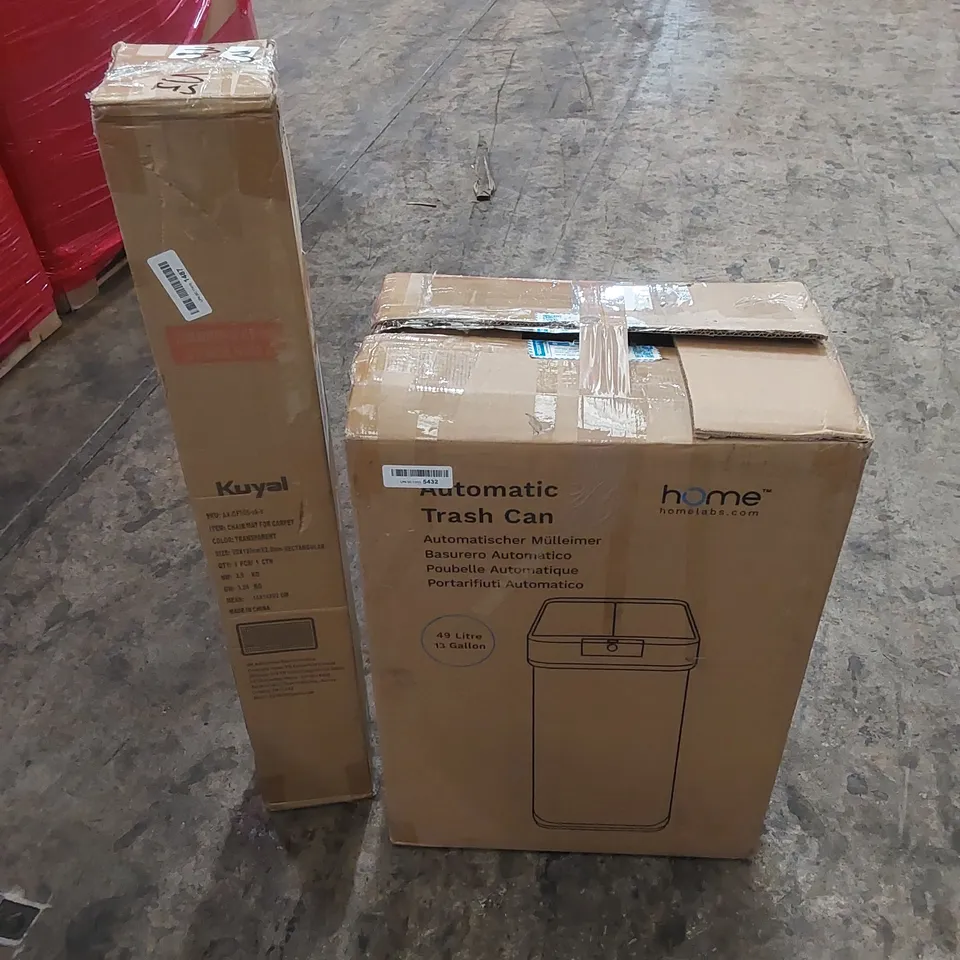 PALLET OF ASSORTED HOUSEHOLD ITEMS AND CONSUMER PRODUCTS TO INCLUDE; TRASH CAN, CHAIR MATT, BABY PLAYPEN ETC