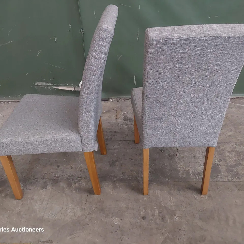 PAIR OF UPHOLSTERED BUTTONED BACK DINING CHAIRS GREY FABRIC ON NATURAL WOOD LEGS 