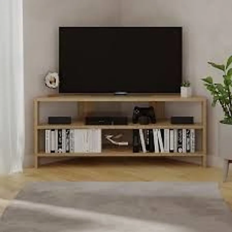 BOXED THALES CORNER MODERN TV STAND MULTIMEDIA CENTRE CORNER 110CM - SAPPHIRE OAK (1 BOX)