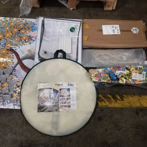 PALLET CONTAINING ASSORTED PRODUCTS INCLUDING MOSQUITO NET, DOGGY DOOR, COMPUTER KEYBOARD DRAWER, CURTAIN TIE BACK, WALL DECOR & KIDS SKATEBOARD