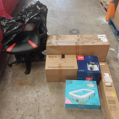 PALLET OF ASSORTED ITEMS INCLUDING: ELECTRIC FRYERS, ROWING MACHINE, INFLATABLE POOLS, ELECTRIC RICE COOKER, CHAIR MAT, GAMING CHAIR PARTS ECT