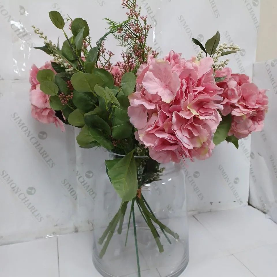 BOXED OUTLET PEONY CHRYSANTHEMUMS AND AUTUMNAL FOLIAGE IN AN OPTIC VASE