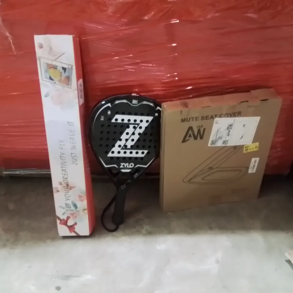 PALLET OF ASSORTED HOUSEHOLD GOODS AND PRODUCTS TO INCLUDE;SEWING DISPLAY,PADDLE RACKET,TOILET SEAT 