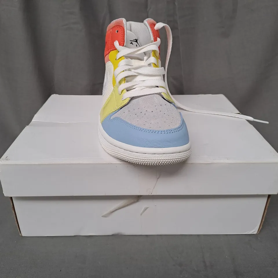 BOXED PAIR OF NIKE AIR JORDAN 1 MID SHOES IN SAIL/WHITE/MULTICOLOUR UK SIZE 4.5