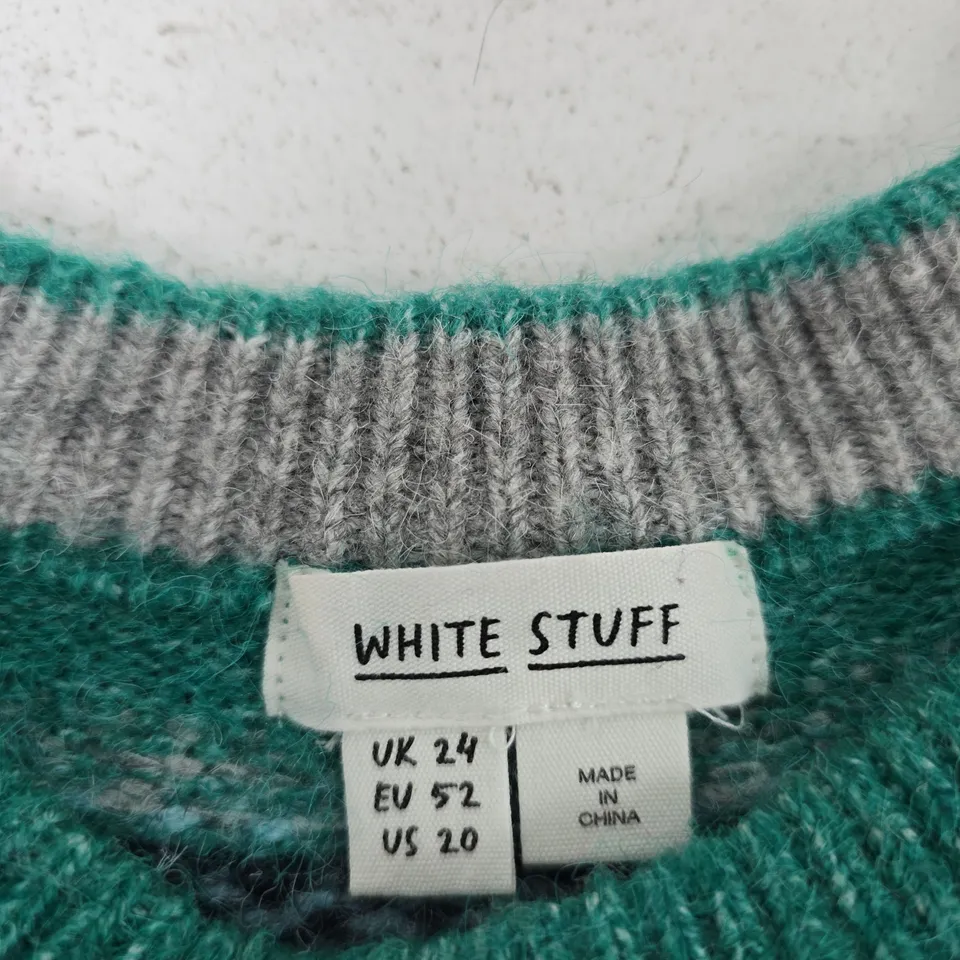 WHITE STUFF WOMEN'S KNIT JUMPER – UK 24 TURQUOISE WITH NORDIC-INSPIRED YOKE PATTERN (EU 52, US 20) MADE IN CHINA