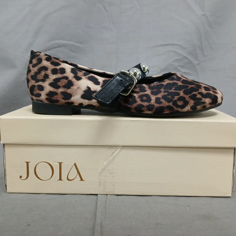 BOXED PAIR OF JOIA LEOPARD STUDDED STRAP BALLET PUMPS SIZE EU 36