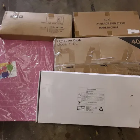 PALLET OF ASSORTED PRODUCTS INCLUDING PORTABLE WARDROBE, A4 BLACK SIGN STAND, COMPUTER DESK, SHOWER MIXER, A1 CUTTING MAT