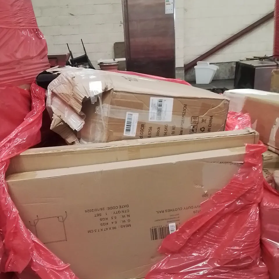 PALLET CONTAINING VARIOUS ASSORTED BOXED HOUSEHOLD ITEMS TO INCLUDE: OFFICE CHAIR  LOTS MORE UNMARKED BOXED ITEMS 