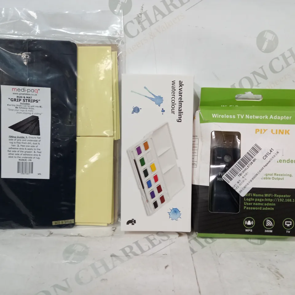 LOT OF APPROXIMATELY 15 ASSORTED HOUSEHOLD ITEMS TO INCLUDE WIRELESS TV NETWORK ADAPTER, AKVARELMALING WATERCOLOUR, RUG & MAT GRIP STRIPS, ETC