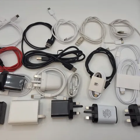 LOT OF ASSORTED CHARGE CABLES AND POWER ADAPTERS