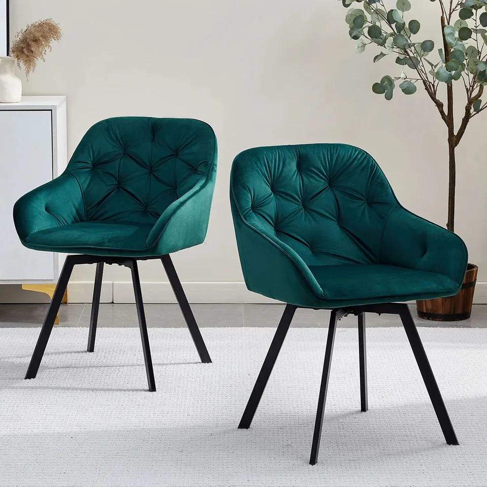 BOXED GARVIES SET OF TWO GREEN VELVET SWIVEL DINING CHAIRS