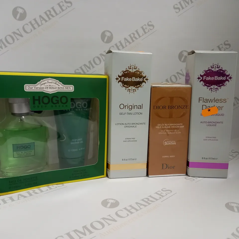 APPROXIMATELY 10 ASSORTED BEAUTY PRODUCTS TO INCLUDE HOGO DEEP GREEN GIFT SET, DIOR BRONZE SELF-TANNING JELLY, FAKE BAKE ORIGINAL SELF-TAN LOTION, FAKE BAKE FLAWLESS DARKER SELF-TAN LIQUID ETC.