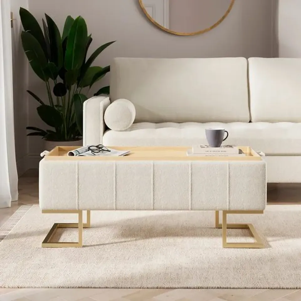 BOXED HOLLAND TRAY TABLE OTTOMAN, IVORY SHERPA (1 BOX)
