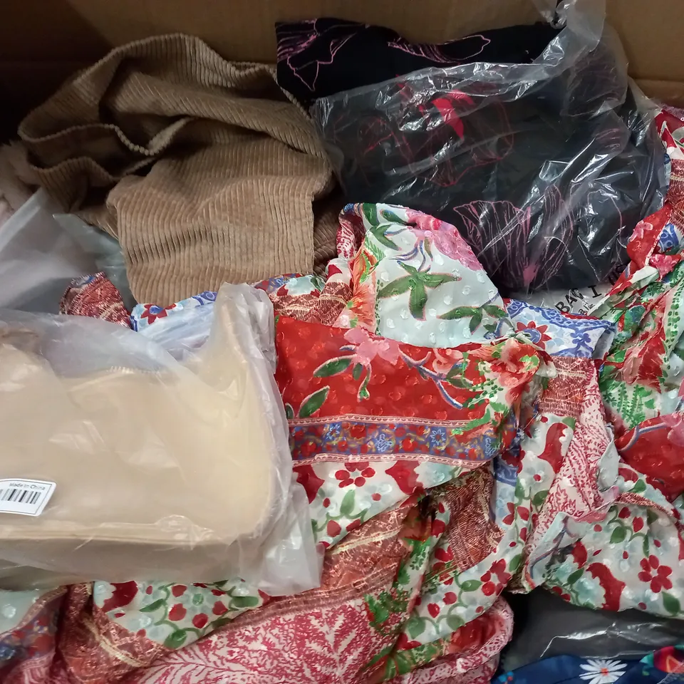 BOX OF ASSORTED CLOTHING ITEMS TOO INCLUDE JUMPERS, SHIRTS AND TROUSERS IN VARIOUS SIZES AND COLOURS   