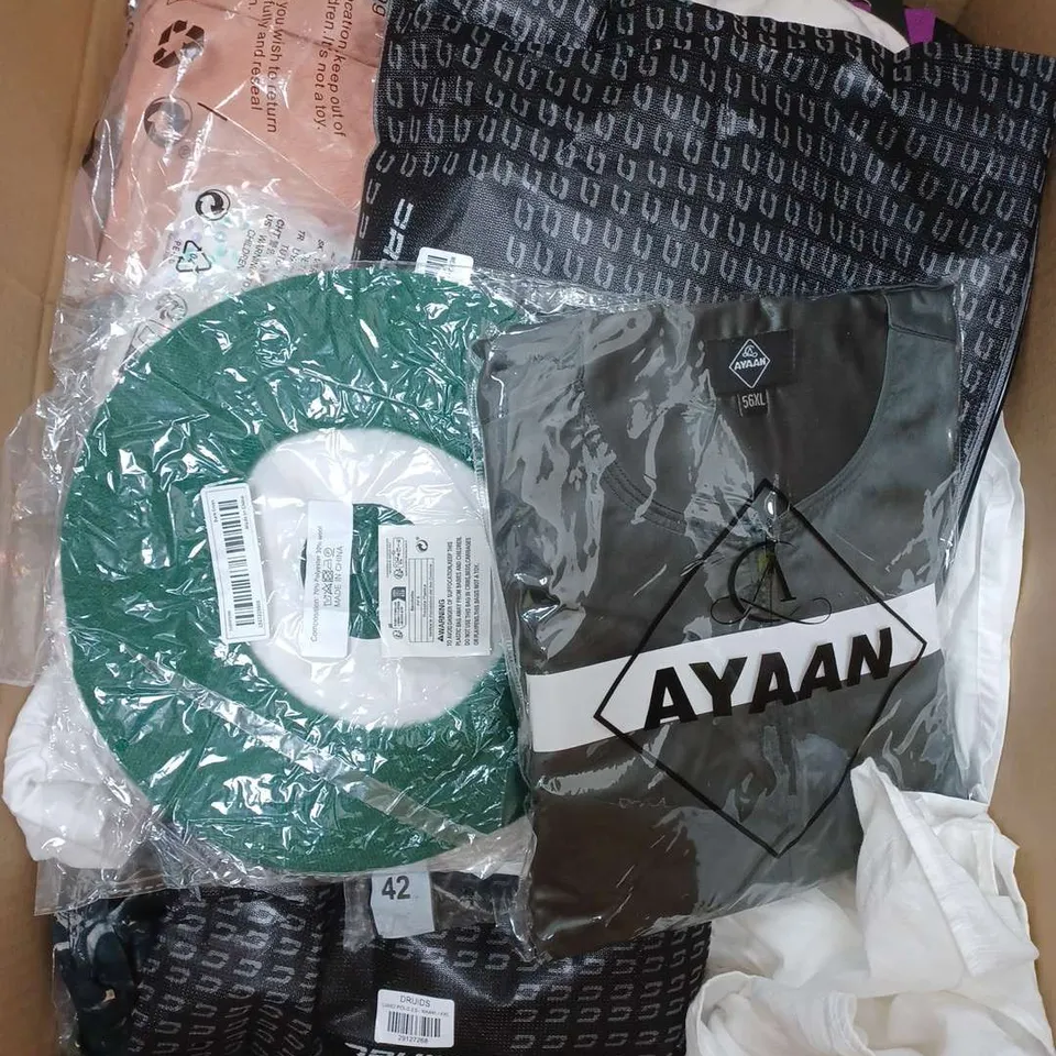 BOX OF APPROXIMATELY 22 ASSORTED CLOTHING ITEMS TO INCLUDE - SOCKS , PANTS , SKIRT ETC