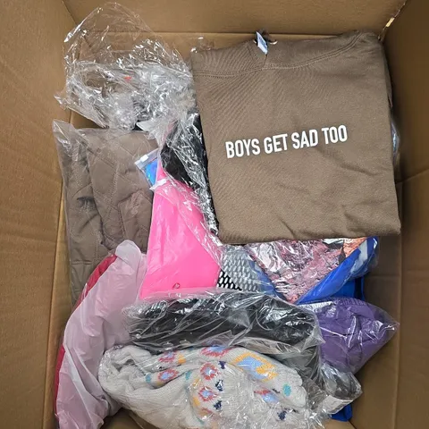 LARGE BOX OF APPROXIMATELY 20 ASSORTED CLOTHING ITEMS IN VARIOUS SIZES, STYLES AND COLOUR