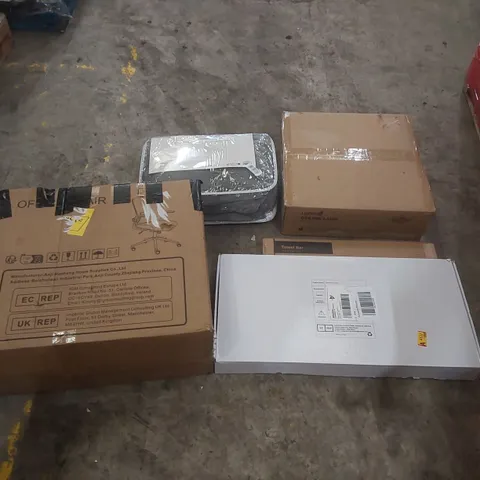 PALLET CONTAINING ASSORTED ITEMS TO INCLUDE: OFFICE CHAIR, SHOWER MIXER SYSTEM, CEILING LAMP, TOWEL BAR, ELECTRIC HEATED BLANKET ECT