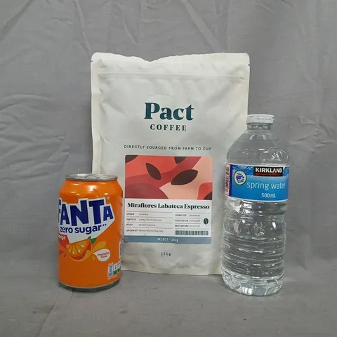 APPROXIMATELY 8 ASSORTED FOOD AND DRINK ITEMS TO INCLUDE PACT COFFEE, FANTA, ETC