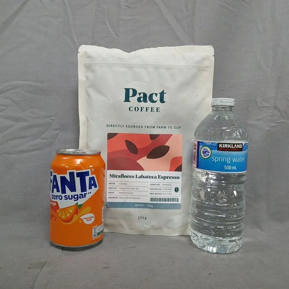 APPROXIMATELY 8 ASSORTED FOOD AND DRINK ITEMS TO INCLUDE PACT COFFEE, FANTA, ETC