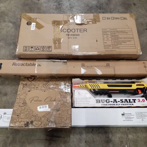 PALLET CONTAINING ASSORTED PRODUCTS INCLUDING SCOOTER, RETRACTABLE SAFETY GATE, PHOTO FRAMES, BUG SALT GUN, TELESCOPIC ROD