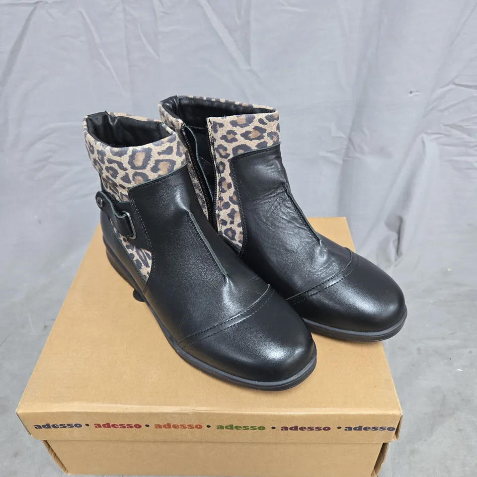 ADESSO BLACK/ANIMAL PRINT ANKLE BOOT SIZE 40 BOXED