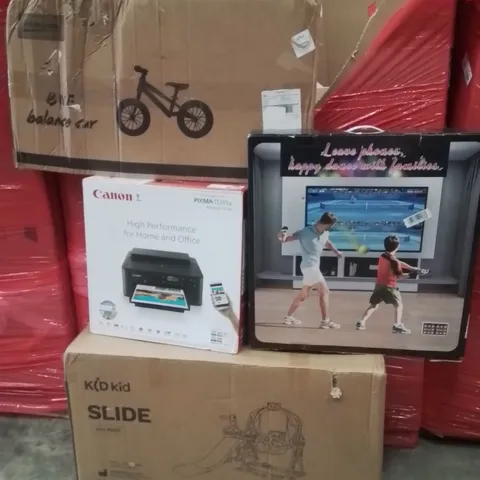 PALLET CONTAINING VARIOUS ASSORTED BOXED HOUSEHOLD ITEMS TO INCLUDE: BALANCE BIKE, CONON PRINTER, GAMING SYSTEM, CHILDREN'S SLIDE AND LOTS MORE UNMARKED BOXED ITEMS