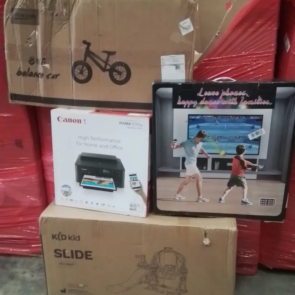 PALLET CONTAINING VARIOUS ASSORTED BOXED HOUSEHOLD ITEMS TO INCLUDE: BALANCE BIKE, CONON PRINTER, GAMING SYSTEM, CHILDREN'S SLIDE AND LOTS MORE UNMARKED BOXED ITEMS 