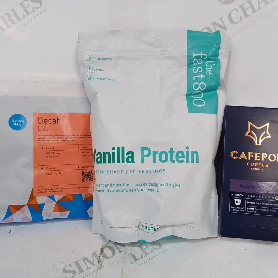 APPROXIMATELY 10 ASSORTED FOOD & DRINK ITEMS TO INCLUDE CAFEPOD COFFEE BLACK VELVET COFFEE PODS, VANILLA PROTEIN, NORTHSTAR DECAF ESPRESSO GRIND, ETC
