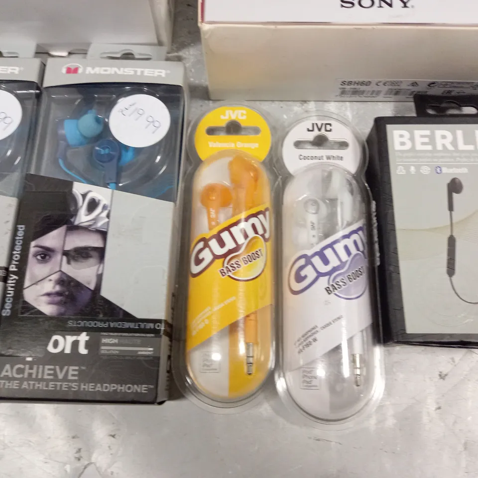 LOT OF 9 ASSORTED AUDIO ITEMS TO INCLUDE SONY HEADSET, JVC GUMMYS AND MONSTER SPORTS EARPHONES