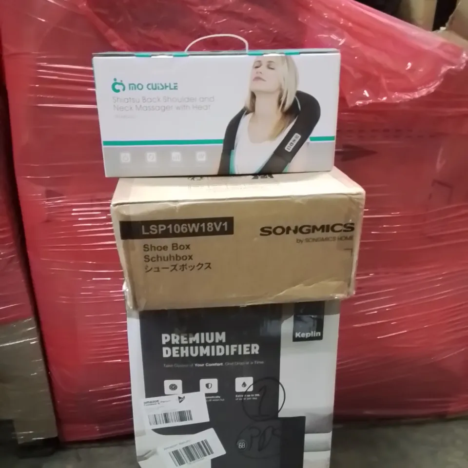 PALLET OF ASSORTED HOUSEHOLD GOODS AND PRODUCTS TO INCLUDE;PREMIUM DEHUMIDIFIER,BACK AND SHOULDER MASSAGER,SHOE BOX