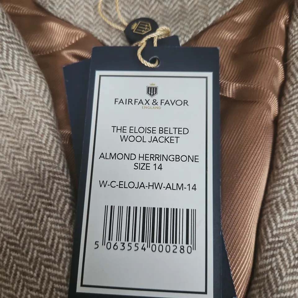 FAIRFAX & FAVOR ELOISE BELTED WOOL JACKET – ALMOND HERRINGBONE, UK 14 (US 10)