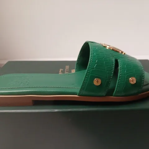BOXED PAIR OF HOLLAND COOPER MONOGRAM SLIDES JADE CROC – UK 4
