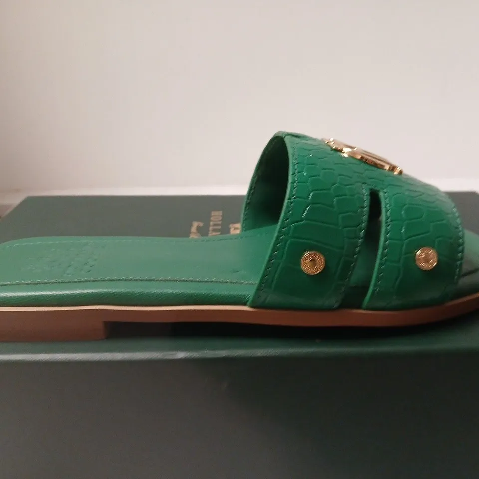 BOXED PAIR OF HOLLAND COOPER MONOGRAM SLIDES JADE CROC – UK 4 