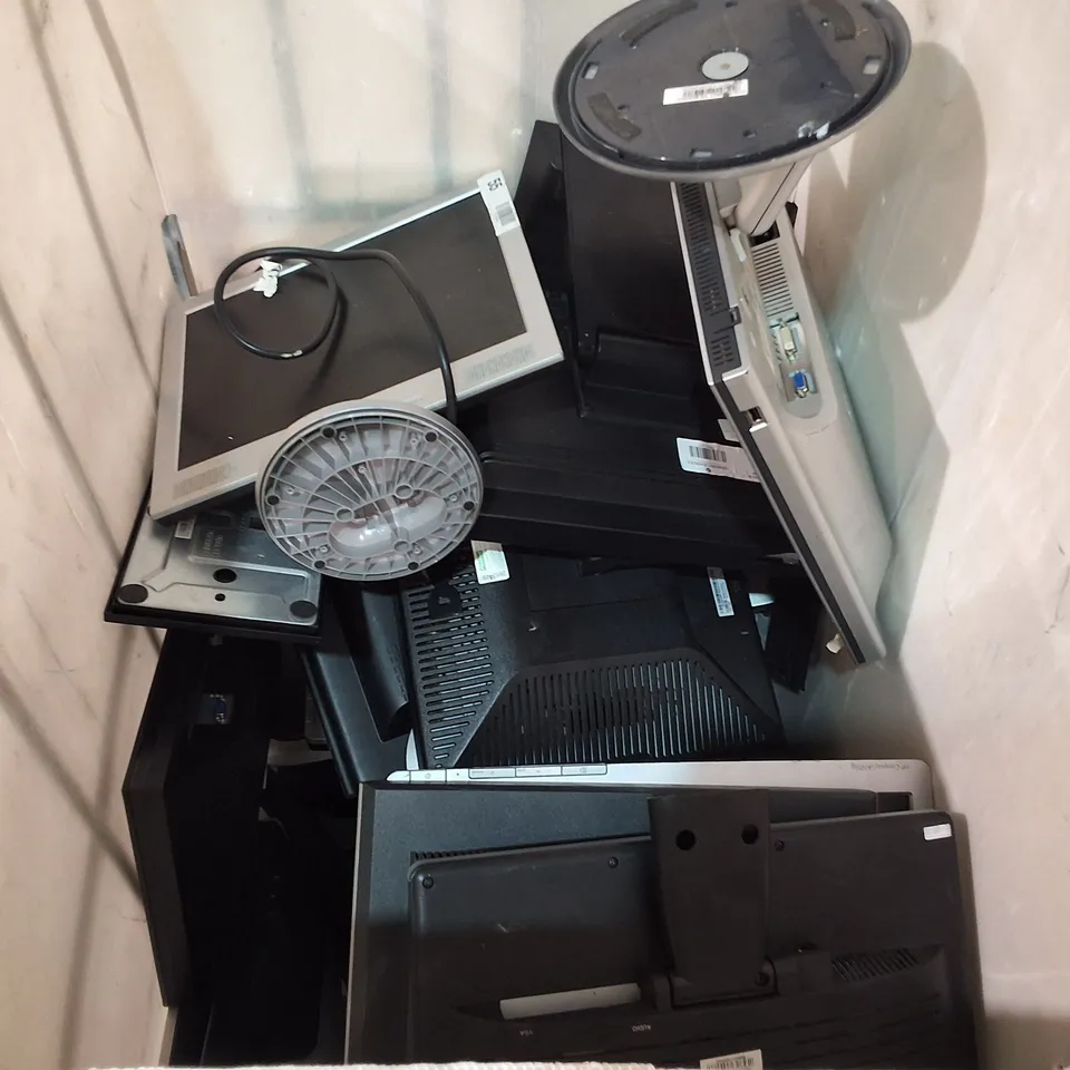 CAGE CONTAINING APPROXIMATELY 22 ASSORTED TECH ITEMS TO INCLUDE PRIMARILY VARIOUS MONITORS AND PRINTERS